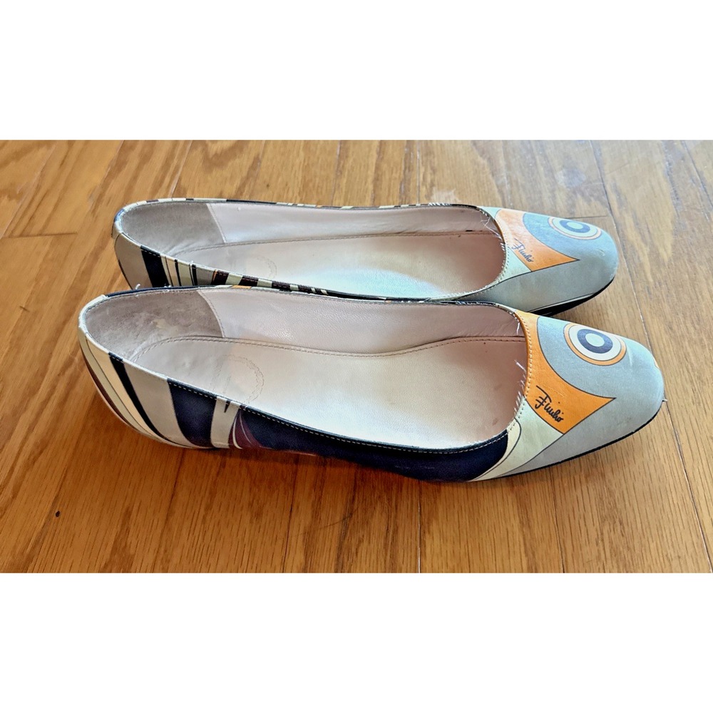 Emilio Pucci Low Heel Ballet Shoes Gray Multi Color Logo Woman Sz 38.5/8.5 Italy